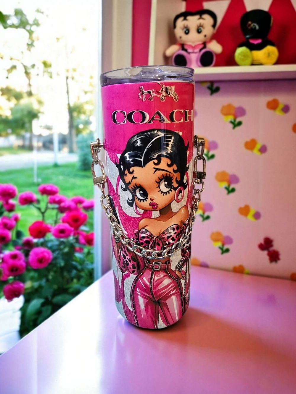 COACH Pink Betty Boop Insulated Kids Tumbler with Silver Chain Handle
